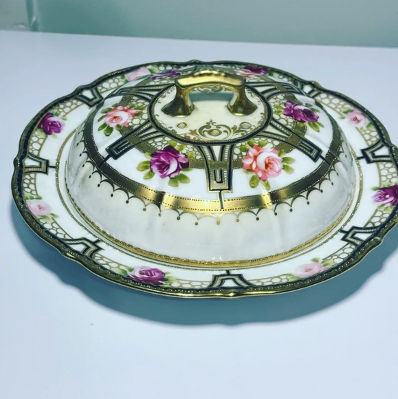 Antique Noritake Nippon Rose Cheese Plate Domed Vented Lid, Hand Painted is brea - Picture 6 of 17